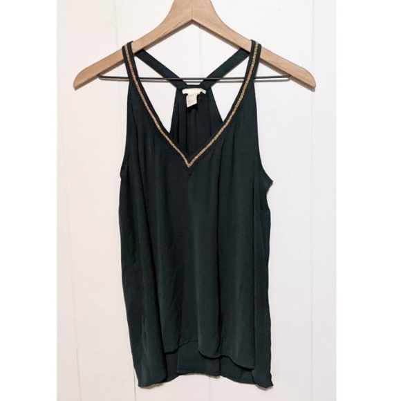 H&M Conscious | Dark green V-neck sleeveless tank top blouse gold trim - Picture 4 of 12